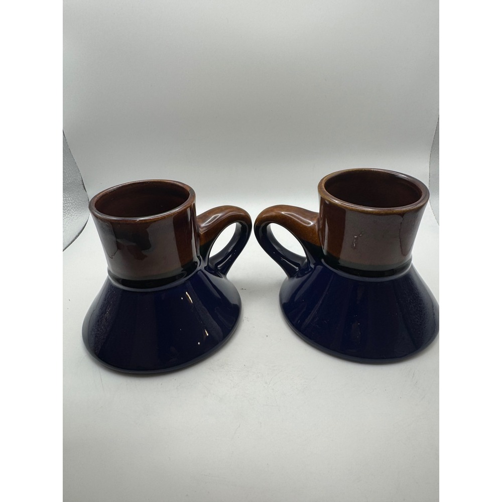 Vintage Ceramic Coffee Mugs Set of 2 Dark Blue Brown Glazed Unique Base